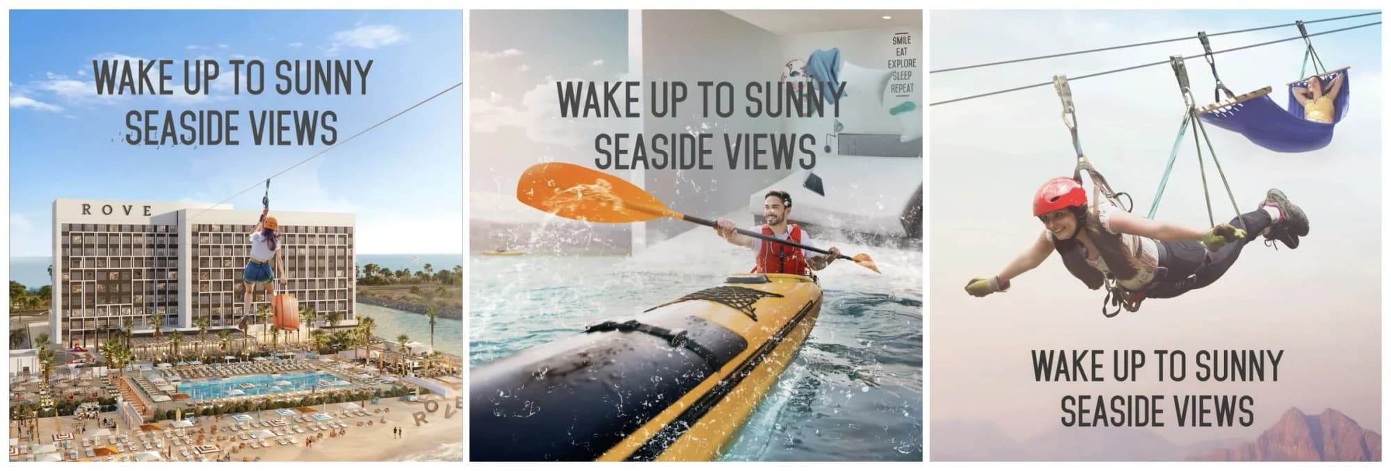 Rove Al Marjan opening campaign with sunny seaside visual system