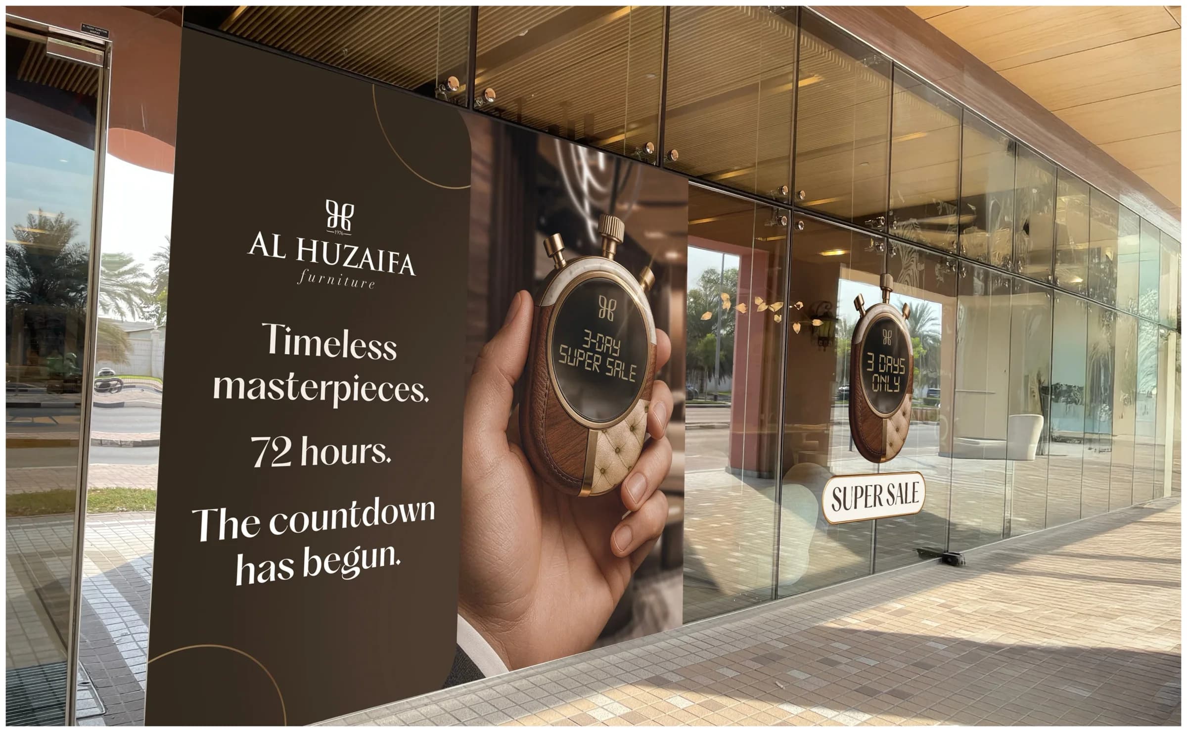 Al Huzaifa Furniture Super Sale campaign applied to showroom window graphics